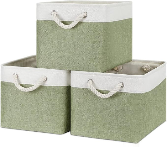 Bidtakay Large Fabric Baskets for Organizing [3-pack] Closet Organizers and Storage Baskets for Gifts Empty Foldable Nursery Baskets for Toy Storage 15 X 11 X 9.5 Inches (White&green)-CubbioJoy