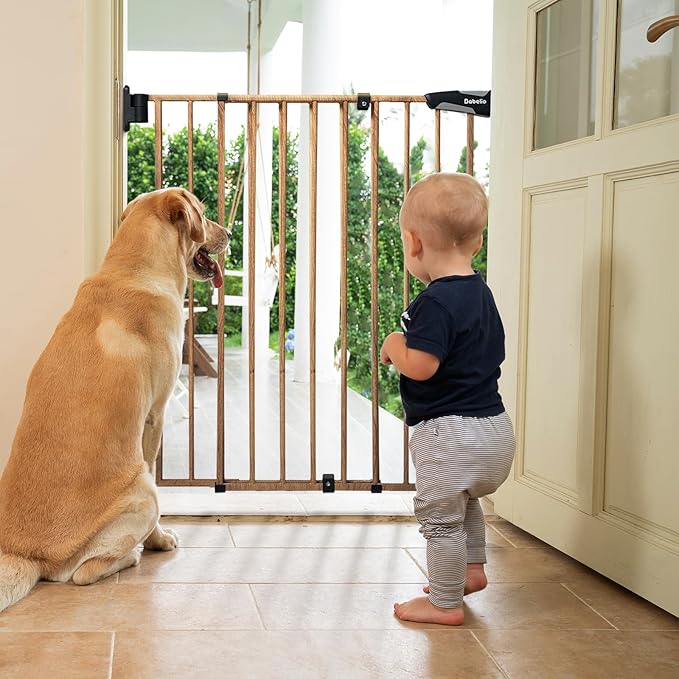 Babelio 34" Extra Tall Baby/Dog Gate with No Threshold Design Walk Thru Door, 26-43" Auto Close Safety Gate for Babies, Elders and Pets, Fits Doorways, Stairs, and Entryways, Brown Wood Pattern-CubbioJoy