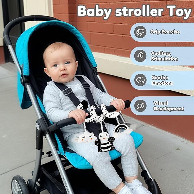 Car Seat Toy,Stroller Toys,Car Seat Toys for Babies 0-6 months Boy Girl,Spiral Hanging Stroller Black and White High Contrast Sensory Toy Newborn Plush Activity Toys Thank You Gifts for 0 3 6 9 Months-CubbioJoy
