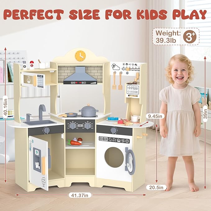 ANPABO Play Kitchen for Kids, Wooden Kitchen Playset w/Real Lights & Sounds, Coffee & Ice Maker, Microwave, Stove, 30Pcs Accessories Include Play Food, Pretend Play Set for Boys & Girls, Yellow-CubbioJoy
