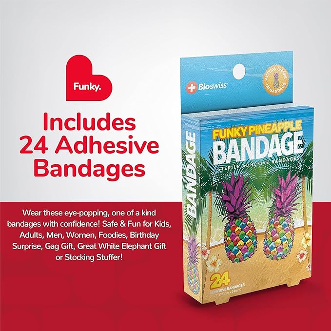 BioSwiss Bandages, Funky Pineapple Shaped Self Adhesive Bandage, Latex Free Sterile Wound Care, Fun First Aid Kit Supplies for Kids, 24 Count-CubbioJoy