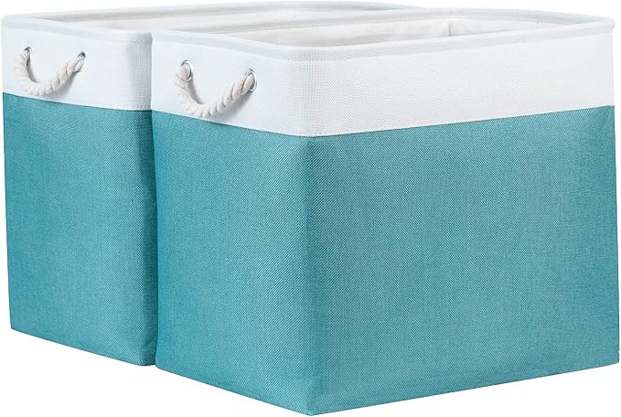 Bidtakay Storage Baskets Extra Large 17x12x15 In Teal Blue Nursery Toy Baskets Fabric Long Shelf Baskets for Organizing Set of 2 Linen Closet Bins for Shelves Decorative Blanket Basket Living Room-CubbioJoy
