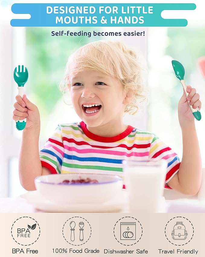 Deejoy Toddler Utensils, Self-feeding Flatware Set withTravel Case, Baby Spoons and Forks with Silicone Bendable Handle, Easy Grip Heat-Resistant, Ideal for Kids, Stage 2 (Green)-CubbioJoy