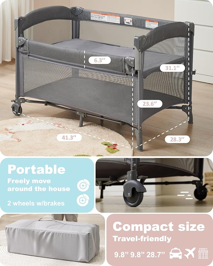AirClub 4 in 1 Baby Bassinet Bedside Sleeper, 4 Functions Crib, Playard, Portable Changing Table, Bassinet for Newborn Baby, Bedsaide Bed w/Wheels&Brakes-CubbioJoy