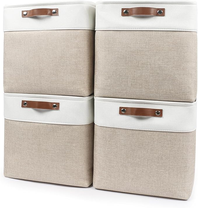 13x13 Cube Storage Bins, Collapsible Fabric Storage Box, 4 Pack Closet Baskets with Handles for Organizing, Shelf, Toys, Clothes, Home, Office, Nursery (Beige&White)-CubbioJoy