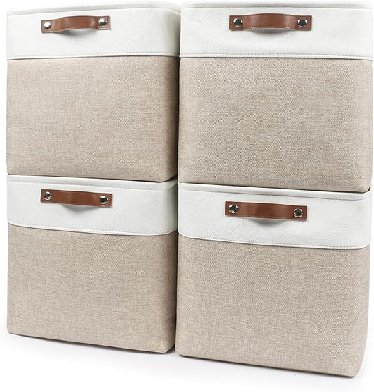 13x13 Cube Storage Bins, Collapsible Fabric Storage Box, 4 Pack Closet Baskets with Handles for Organizing, Shelf, Toys, Clothes, Home, Office, Nursery (Beige&White)-CubbioJoy