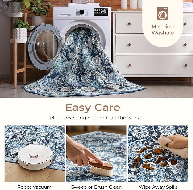 6x9 Area Rug for Living Room & Bedroom, Washable Non-Slip Vintage Rugs, Floral Soft Carpet, Low Pile Wool Carpets for Indoor Dining Home Office Playroom Under Table, Modern Decor, Blue Garden-CubbioJoy