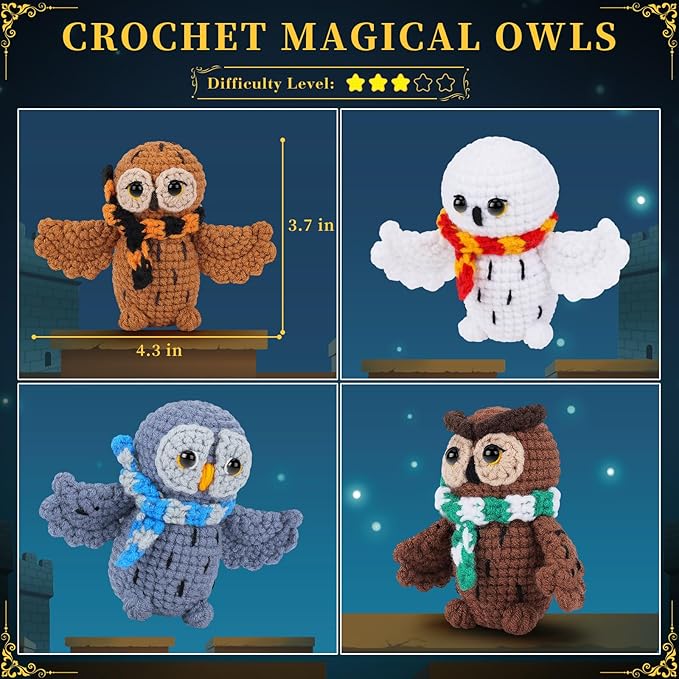 Crochet Kit for Beginners - 4 PCS Owl Crochet Kit with Step-by-Step Video Tutorials, Beginner Crochet Kits for Adults, Crochet Animal Kit for Kids, Crochet Magical Owls Set (White&Brown&Gray&Coffee)-CubbioJoy