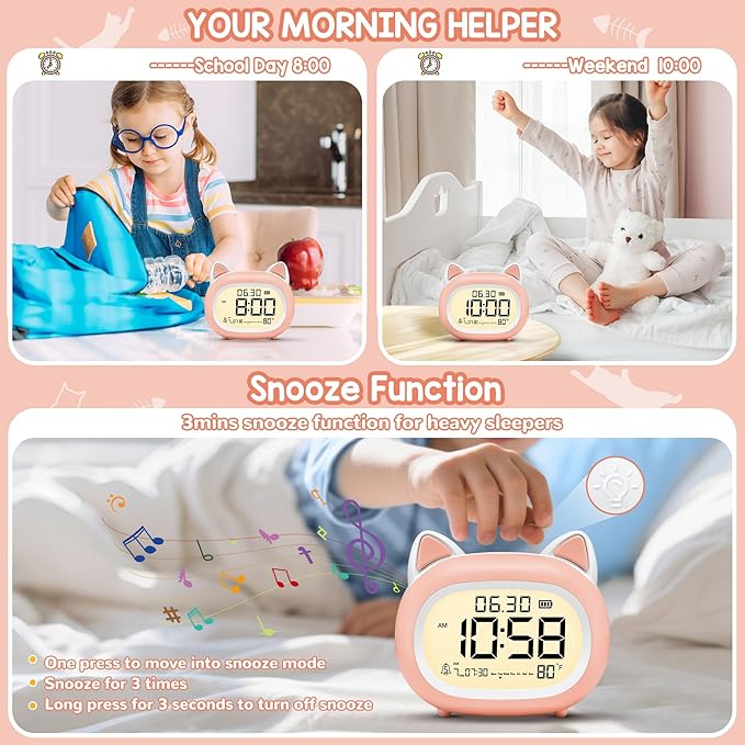 Kids Alarm Clock with Night Light for Kids, Small Digital Alarm Clocks for Bedrooms, Routine Builder, Cute Cat Alarm Clock with Sleep Training, Snooze, 12/24H, Date & Day, Temperature, USB Port-CubbioJoy