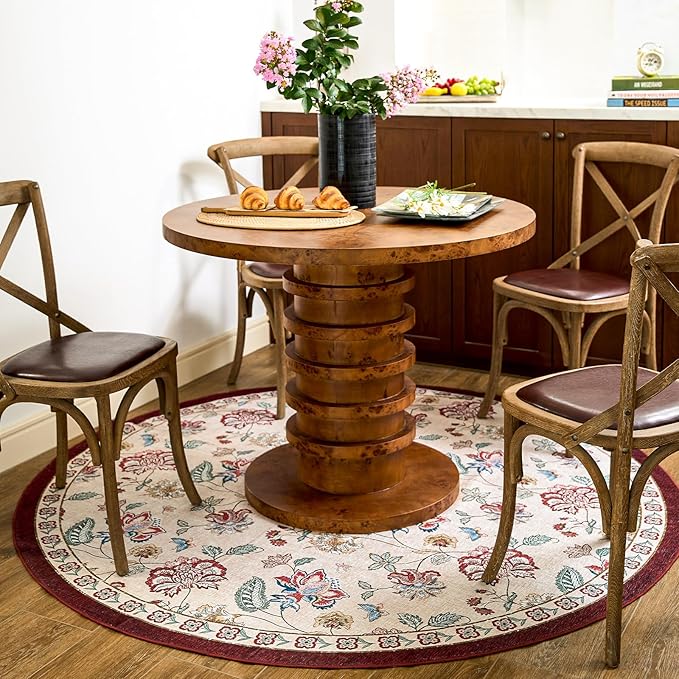 jinchan 6ft Floral Round Rug for Dining Room Washable Living Room Rug Vintage Romance Design Non Slip Indoor Floor Cover Lightweight Low-Profile Throw Carpet for Bedroom Porch Patio, Red/Beige-CubbioJoy