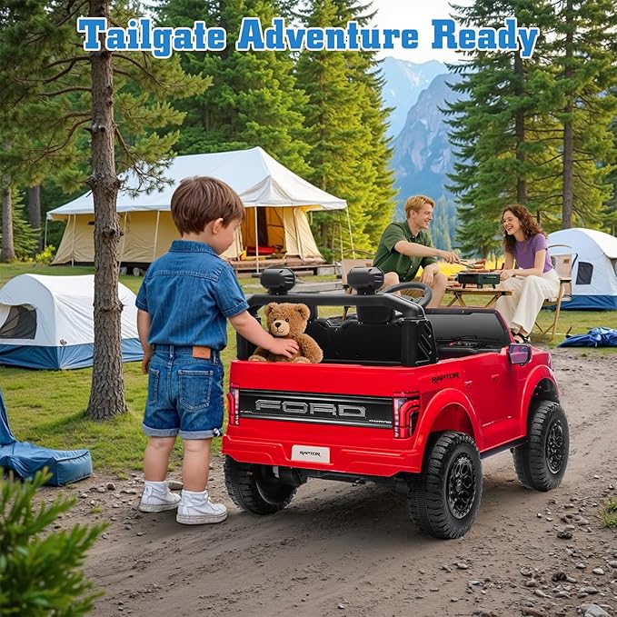 24V Ride on Car Licensed Ford F-150 Raptor, Kids Electric Car with Remote Control, LED Light/Music/MP3, Truck Bed Storage, 3-Point Seat Belt (24V, Red)-CubbioJoy