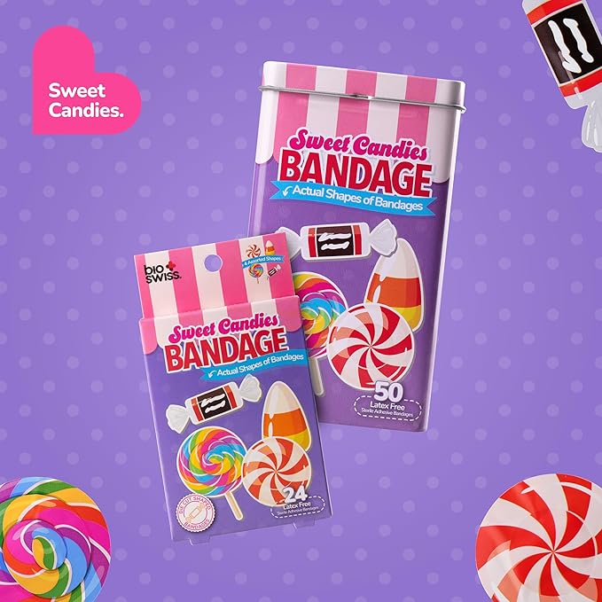 BioSwiss Bandages, Sweet Candies Shaped Self Adhesive Bandage, Latex Free Sterile Wound Care, Fun First Aid Kit Supplies for Kids and Adults, 50 Count-CubbioJoy