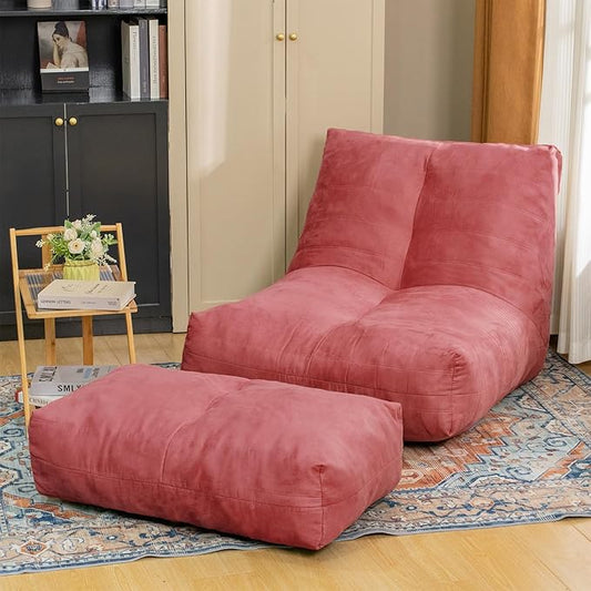 Bean Bag Chair with Ottoman, Comfy Bean Bag Sofa with Memory Foam, Lazy BeanBag Sofa with Footstool, Fireside Bean Bag Couch for Living Room, Bedroom, Apartment-CubbioJoy