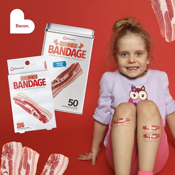 BioSwiss Bandages, Bacon Shaped Self Adhesive Bandage, Latex Free Sterile Wound Care, Fun First Aid Kit Supplies for Kids, 50 Count-CubbioJoy