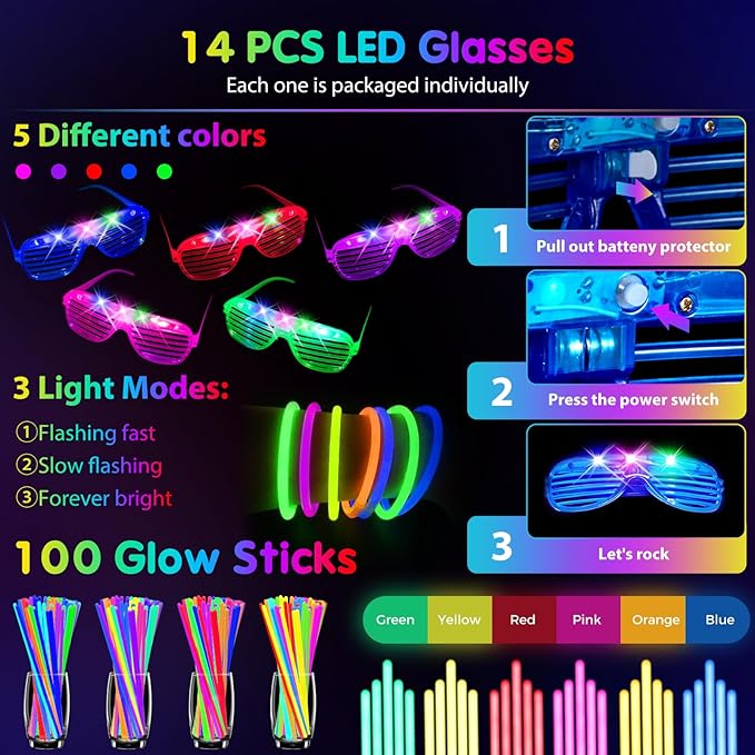 142 PCS Glow in the Dark Party Supplies, 14PCS Foam Glow Sticks, 14PCS Light Up Headband,14PCS LED Glasses and 100PCS Glow Sticks Bracelets,for Glow Party, New Year, Wedding, Concert, Birthday-CubbioJoy