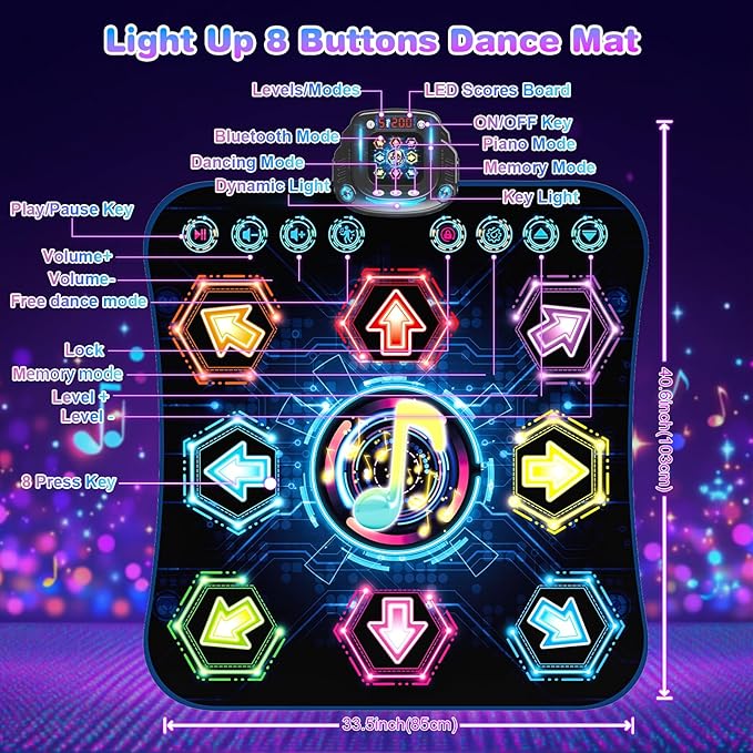 Dance Mat, 2025 Light Up 8-Button Dance Pad with Wireless Bluetooth, Upgraded Flowing Light Control System with Stands, Kids Toys Music Games Birthday for 3-12 Year Old Boys Girls-CubbioJoy