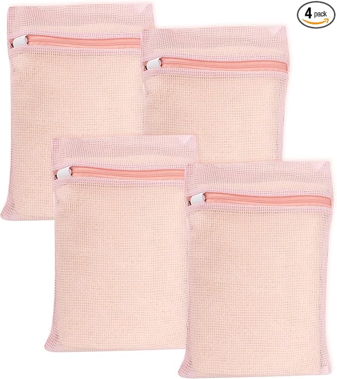 4 Piece Pink Small, Durable Organic Cotton Mesh Laundry Bag with Strong Zipper and Breathable Mesh, Delicate Laundry Bag for Underwear, Clothes, Pants and Socks-CubbioJoy