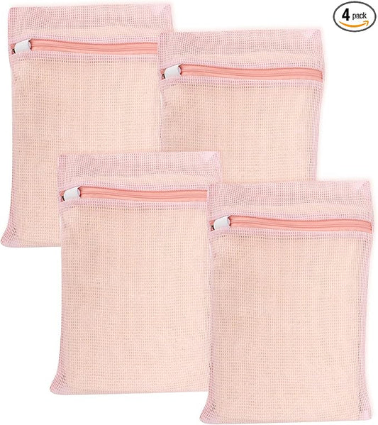 4 Piece Pink Small, Durable Organic Cotton Mesh Laundry Bag with Strong Zipper and Breathable Mesh, Delicate Laundry Bag for Underwear, Clothes, Pants and Socks-CubbioJoy