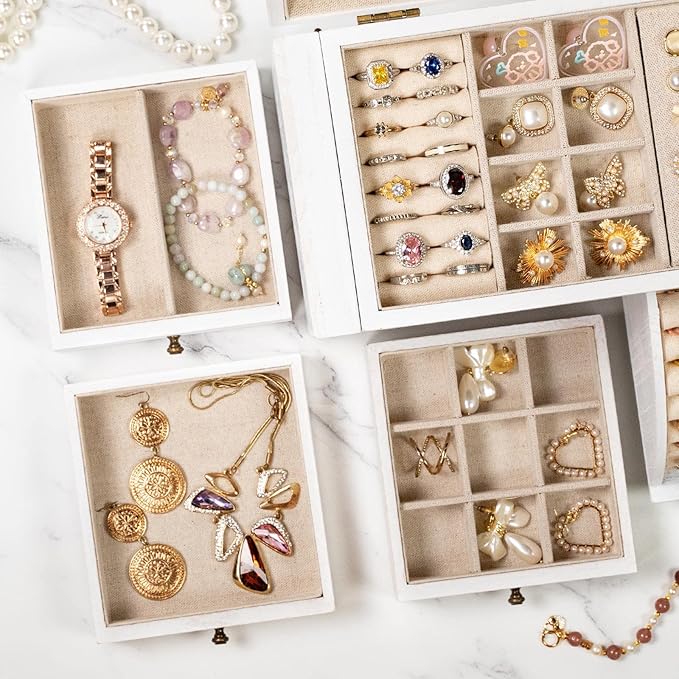 Jewelry Box Organizer, Solid Wood Jewelry Boxes for Women for Storage & Display Necklace Ring Earring Bracelet, Rustic Style Jewelry Organizer Box for Women Gifts (Weathered White)-CubbioJoy