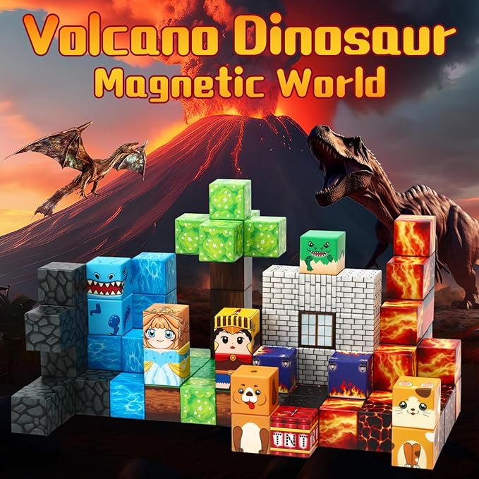 Dinosaur Magnetic Blocks,Dino Volcano World Magnet Building Toys, Sensory Montessori Toys for STEM Learning, Toddler Gift for Boys & Girls Age 3-4 4-5 6-8-CubbioJoy
