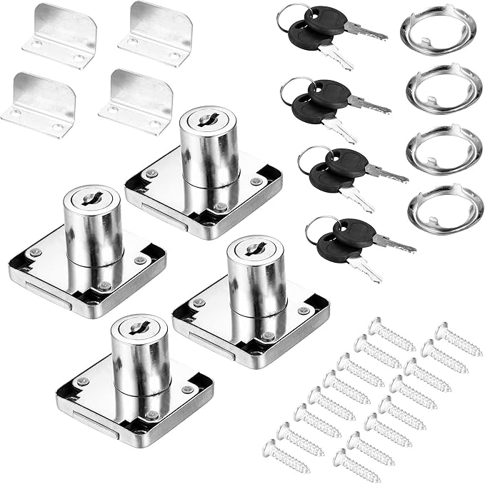 4 Pack Cabinet Drawer Locks with Keys, Keyed Alike Furniture Locker Lock, 3/4" 20mm Cylinder Cam Drawer Locks Chrome-Finish Zinc Alloy, Security cam Drawer Lock for Wardrobe Dresser Mailbox-CubbioJoy