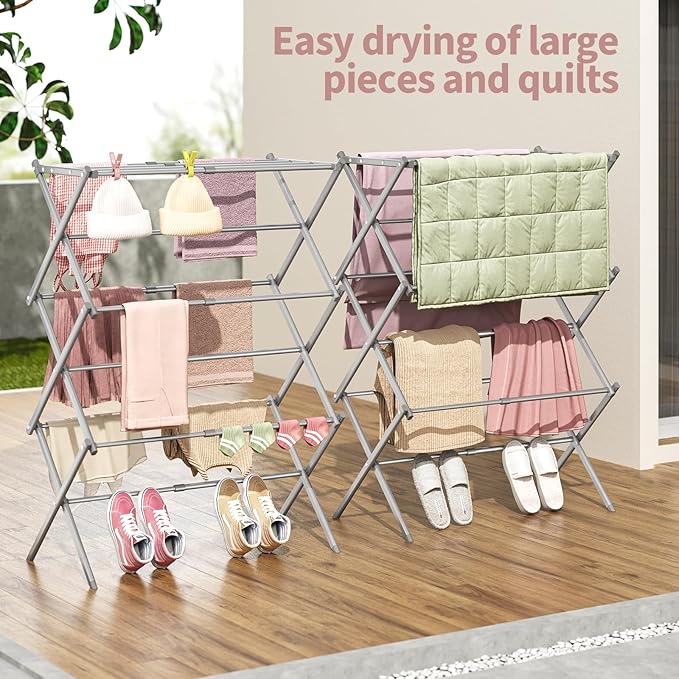 APEXCHASER Clothes Drying Rack, 3-Tier Laundry Drying Rack for Clothes, Expandable Metal Clothing Dryer, Collapsible Towel Rack, Air Drying Rack, Grey-CubbioJoy