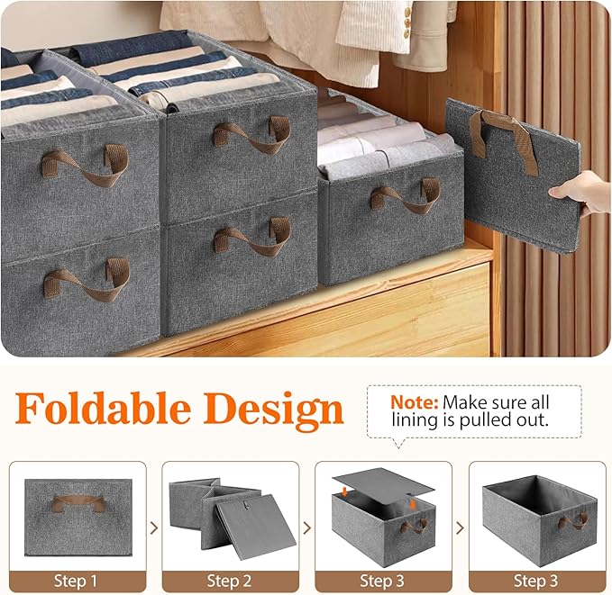 10 Pack Large Capacity Storage Bins, 25L Fabric Closet Organizer With Handles, Collapsible Baskets for Shelves, Clothing, Sheets, Books, Toys (Gray)-CubbioJoy