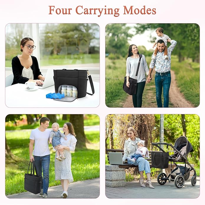 Diaper Bag Tote for Working Mom, Breastmilk Cooler Bag with Insulated Compartment, Breast Pump Tote Bag with Ice Pack for Cooler & 15‘’ Laptop Sleeve, Baby Bottle Cooler bag for Nursing, Work, Travel-CubbioJoy