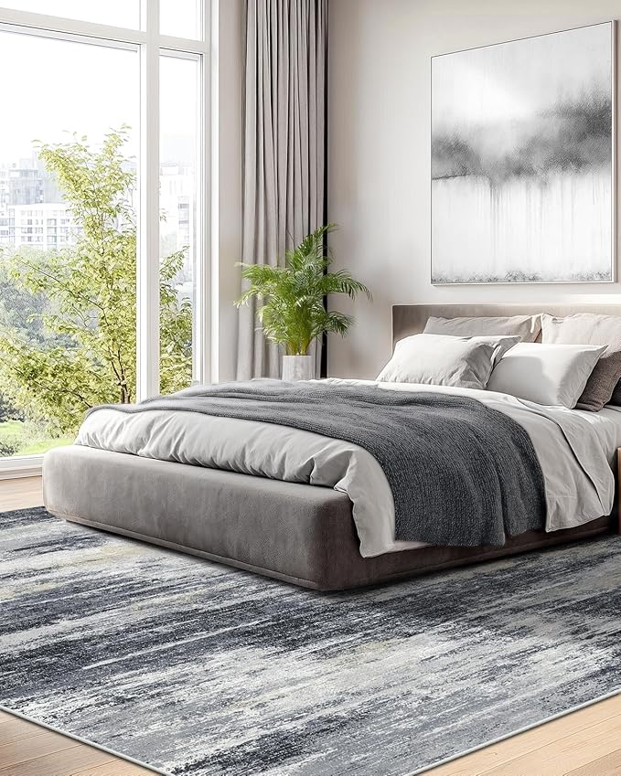 Amada 9x12 Large Area Rug, Modern Abstract Living Room Rug with Non-Slip Backing & Short Pile, Washable Rug with Abstract Pattern for Living Room, Bedroom and Dinning Room, Light Grey-CubbioJoy
