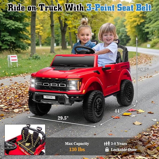24V Ride on Car Licensed Ford F-150 Raptor, Kids Electric Car with Remote Control, LED Light/Music/MP3, Truck Bed Storage, 3-Point Seat Belt (24V, Red)-CubbioJoy