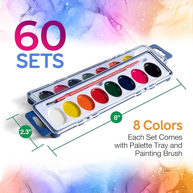 Bedwina Watercolor Paint Set- Bulk of 60 Sets - 8 Water Color Washable Paints, Palette Tray and Painting Brush, for Art Schools and Paint Party Supplies-CubbioJoy