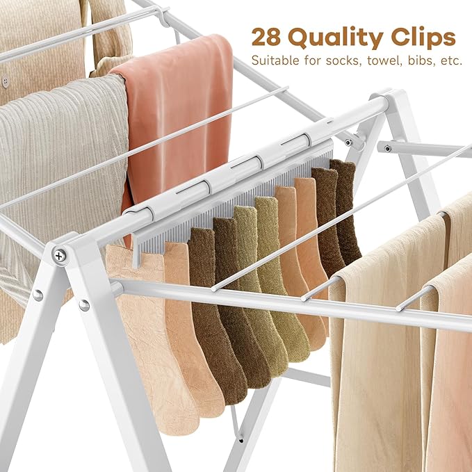 APEXCHASER Drying Rack Clothing, Clothes Drying Rack Foldable, Metal Laundry Drying Rack Collapsible for Sweater Towel Indoor Outdoor, Gullwing Clothes Rack Drying with Height Adjustable Rails, White-CubbioJoy