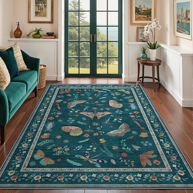 5x7 Washable Area Rug with Insect Print - Bug Rug Non-Shedding Stain Resistant Soft Carpet for Bedroom, Low Pile Ultra-Thin Machine Washable Carpet for Dining Room, Kids Nursery, Office (5'x7' Teal)-CubbioJoy