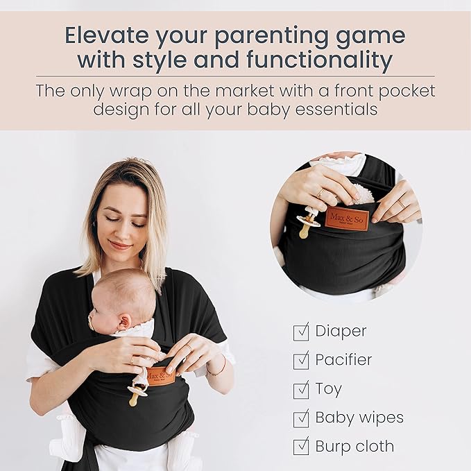 Baby Wrap Carrier - Premium Cotton Baby Carrier Wrap for Newborn to Toddler- Infant Carrier- Baby Holder One Size Fits All with Front Pocket (Black) by Max&so-CubbioJoy