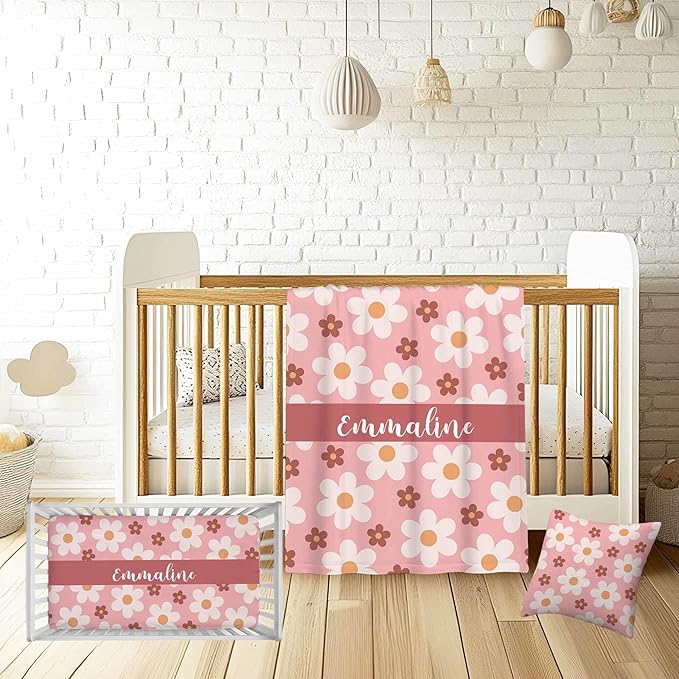 Custom Name Crib Bedding Set for Baby Girls – Personalized Pink Flower 3-Piece Nursery Bedding with Blanket, Fitted Sheet & Pillowcase – Baby Infant Toddler Shower Gift-CubbioJoy