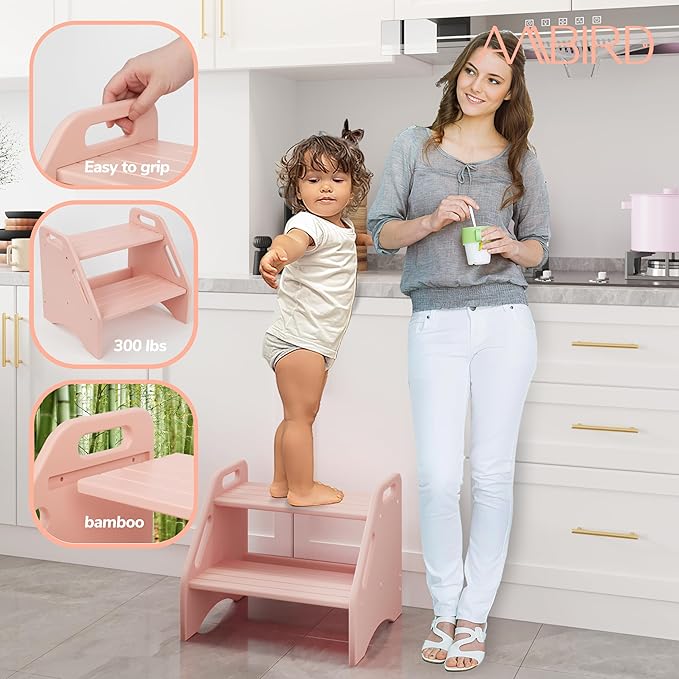 AMBIRD Wooden Step Stool, Two Step Stools Toddler 300 lbs Capacity with Safety Non-Slip Pads and Handles, Bamboo Step Stool for Bathroom, Kitchen Dual Height Step Stools for Kids (Pink)-CubbioJoy