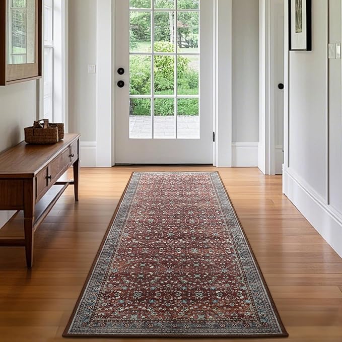 2x6 Washable Kitchen Runner Rug for Hallways, Non Slip Laundry Runners for Bathroom, Low Pile Rubber Backed Rugs for Entryway, Vintage Floral Carpet for Living Room Bedroom Brick Red-CubbioJoy