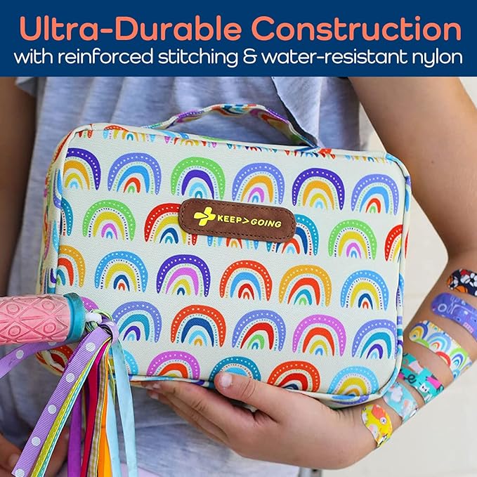 KeepGoing Large Home First Aid Kit for Kids – 270 Pc. for Car, Home, Dorm, & Boat with Latex-Free Bandages – 10 x 7 x 3.5 in. Travel First Aid Kit (Sunny Rainbow)-CubbioJoy