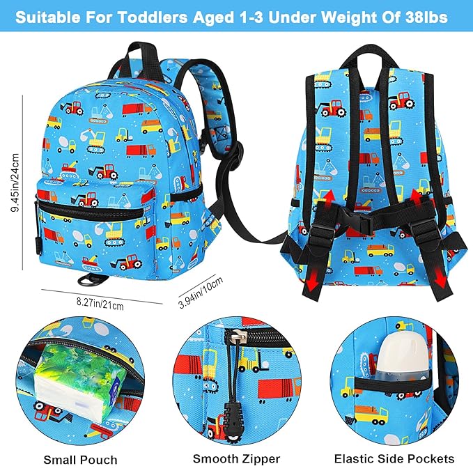 Accmor Toddler Backpack with Leash, Baby Backpacks with Anti Lost Wrist Link, Cute Mini Kids Backpack Leash Walking Harness for Travel, Small Excavator Backpack Tether for Boys Girls 1-3 (Light Blue)-CubbioJoy
