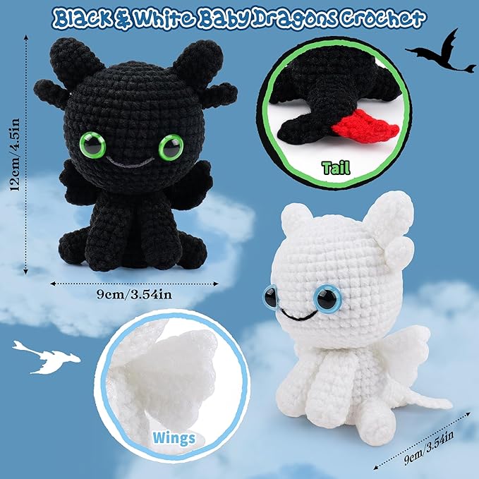 Dragon Crochet Kit for Beginners, 2PCS Black and White Dragon Crochet Animal Kit with Step-by-Step Video Tutorials, Crocheting Kits, Crochet Starter Kit for Kid and Adult, Stuffed Animal Knitting Kits-CubbioJoy