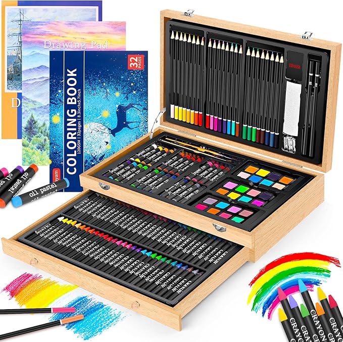 Art Supplies, iBayam 150-Pack Deluxe Wooden Art Set Crafts Drawing Painting Kit with 1 Coloring Book, 2 Sketch Pads, Creative Gift Box for Adults Artist Beginners Kids Girls Boys-CubbioJoy