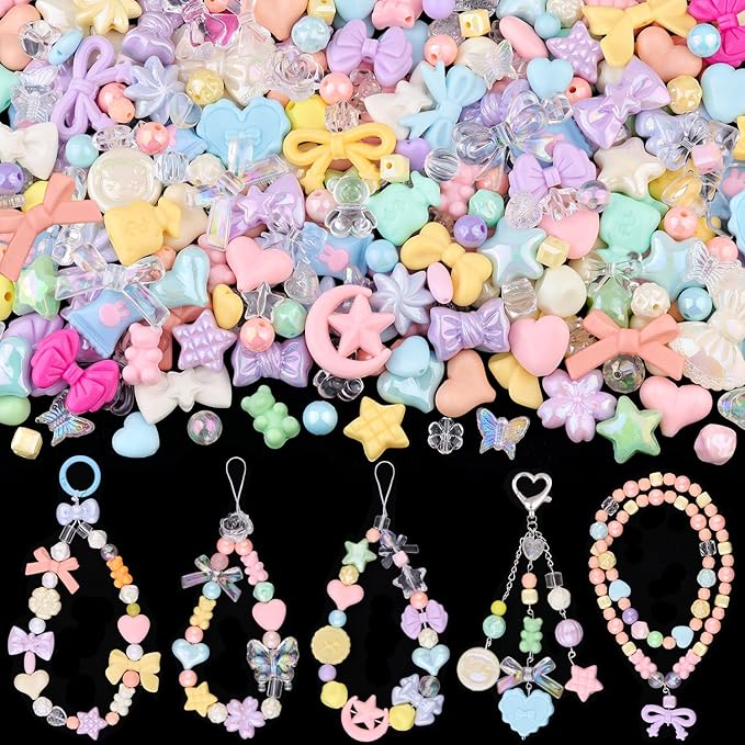 Assorted 170-230PCS Macaroon Color Acrylic Beads For Bracelet Making, Bow Butterfly Candy GummyBear Aesthetic Bracelet Charms,Cute Beads For Jewelry Making DIY Necklace Keychain Phone Charm-CubbioJoy