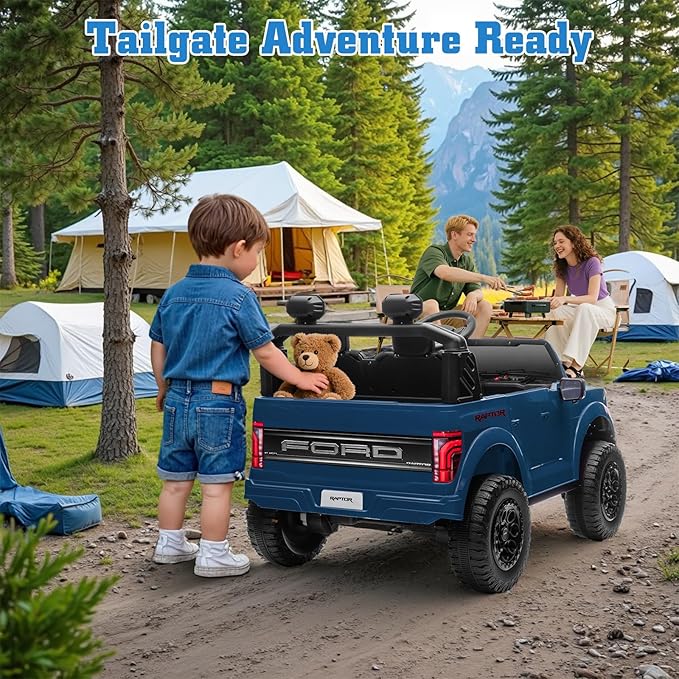 24V Ride on Car Licensed Ford F-150 Raptor, Kids Electric Car with Remote Control, LED Light/Music/MP3, Truck Bed Storage, 3-Point Seat Belt (24V, Blue)-CubbioJoy