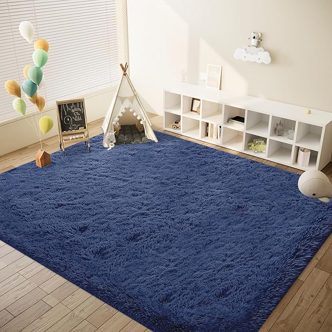 6x9 Area Rug for Living Room: Fluffy Shag Soft Washable Rugs Large Fuzzy Plush Indoor Carpet for Bedroom Nursery Playroom Kids Girls Boys Room (Navy Blue, 6'x9')-CubbioJoy