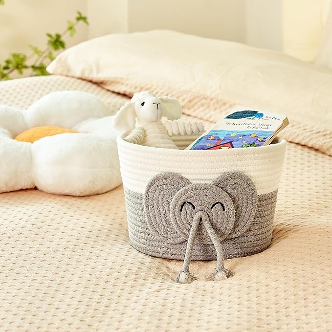 Adorable Small Elephant Cotton Rope Basket - Gift Empty Baskets - Toy Storage Basket, Woven Basket for Baby Essentials, Decorative Woven Basket for Nurseries and Playrooms (11"x7")-CubbioJoy
