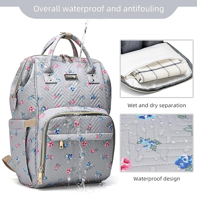 Diaper Bag Backpack for Women, Baby Bags for Girls,Diaper Bag with Changing Pad, and Insulated Pockets-Grey Flowers-CubbioJoy