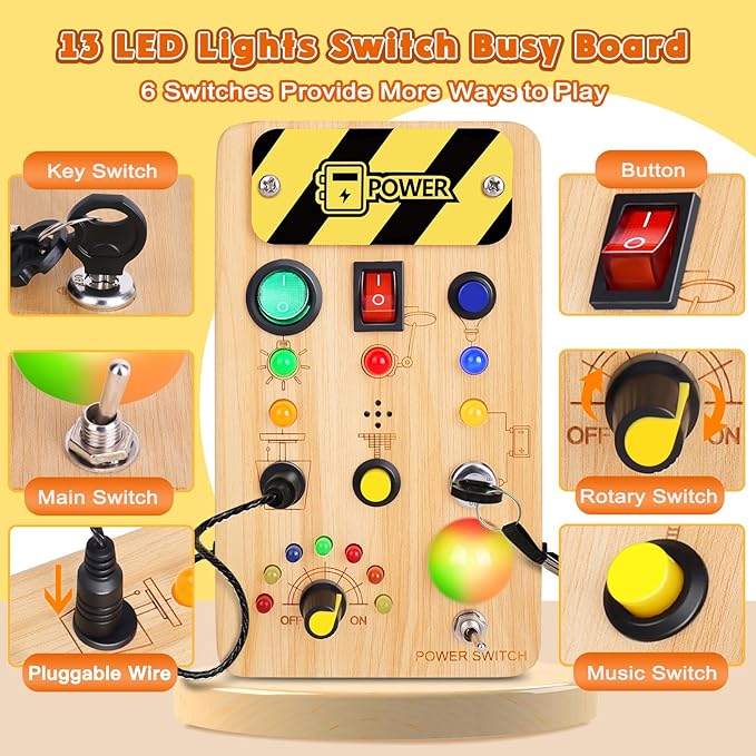 Busy Board Montessori Toys for Toddler, Wooden Sensory Board Switch Toy with Color-Changing LED Light Up Travel Toys Educational Plane Travel Activity for 1-6 Year Old Girls & Boys Gifts-CubbioJoy