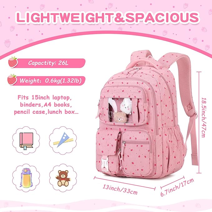 Corduroy Backpack Kids Backpack for Girls School Bags for Middle School Students Book Bag for Elementary Primary Kawaii Ita Backpack, Pink Strawberry-CubbioJoy