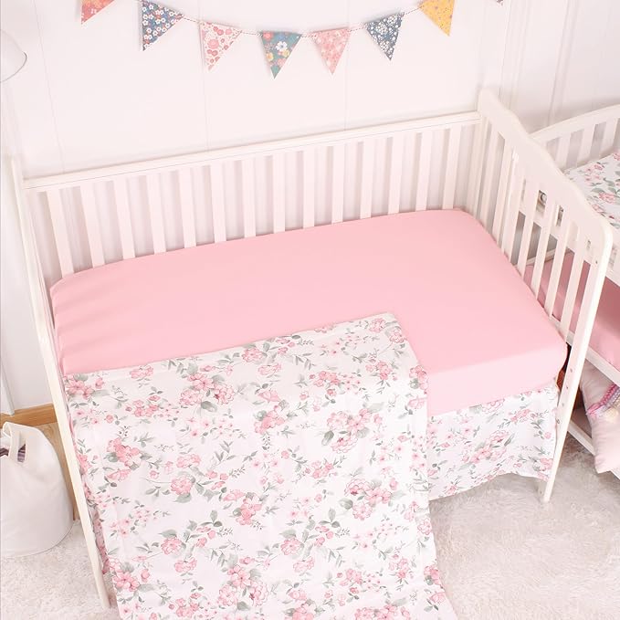 CaSaJa Baby 3-Piece Crib Bedding Set for Boys Girls, Including Soft Quilted Comforter(Blanket), Fitted Crib Sheet and Skirt, Soft Nursery Bedding Set Made of Silky Comfy Materials, Watercolor Floral-CubbioJoy