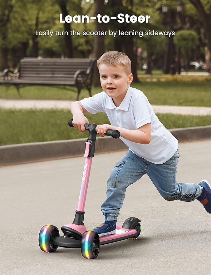 Besrey Kick Scooter for Kids Ages 3-10, 3-Wheel Folding Scooter with Adjustable Height, LED Light Wheels, Extra Wide Deck for Outdoor Activities-CubbioJoy